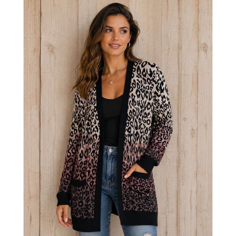 Womens Cardigan Long Net 155 Leopard Print M/L Classic Sweater Longsleeve